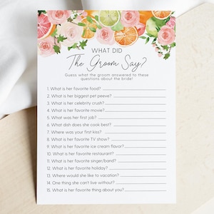 Citrus What Did The Groom Say Shower Game, Bridal Shower Game, Groom&#39;s Questions, Trivia Game, Summer Fruit, DIY Editable Template 151
