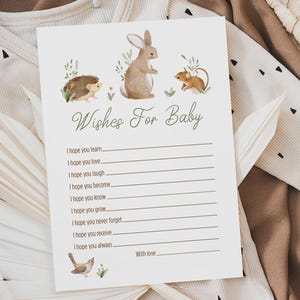 Kaart boswensen voor baby, direct downloaden, bosdieren babyshowerspel, kaart babywensen, egel, konijn, muis, vogel 118