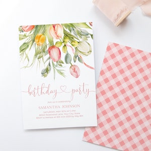 Tulip-Geburtstagsfeier-Einladung, Frühling Blumen Geburtstag einladen, Gartenblüten, Pastellblumen, Cottagecore, DIY bearbeitbare Vorlage 102