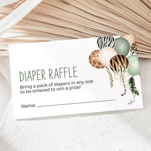 Ballon-Windel-Gewinnspiel-Eintrittskarte, Dschungel-Druck-Babyparty-Einladung Einlegekarte, Safari-Tier-Babyparty-Spielaktivität Sage 371