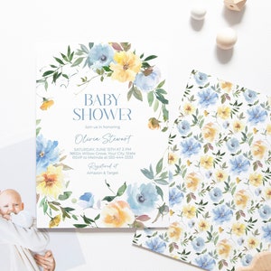 Sky Blue and Yellow Floral Baby Shower Invitation, Spring Floral Baby Brunch Invite, Boho Couples Shower, DIY Editable Template 196