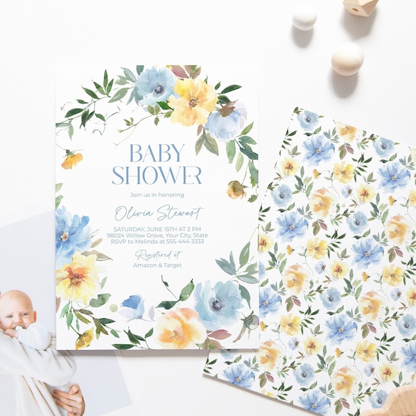 Sky Blue and Yellow Floral Baby Shower Invitation, Spring Floral Baby Brunch Invite, Boho Couples Shower, DIY Editable Template 196