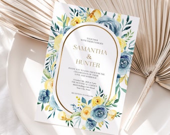 Boho Wedding Invitation, Teal Blue and Yellow Floral Wedding Invitation, Bohemian, Geometric Frame, DIY Editable Template 238