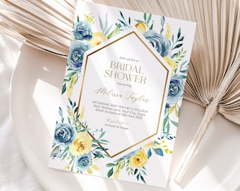 Boho Bridal Shower Invitation, Teal Blue and Yellow Floral Bridal Brunch Invite, Geometric Frame, Bohemian, DIY Editable Template 238