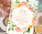 Citrus Baby Shower Invitation, Baby Girl Invite, Summer Fruit, Oranges, Grapefruit, Pink Floral, DIY Editable Template 151