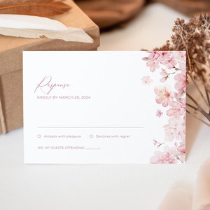 RSVP-kaart bruiloft kersenbloesem, reactiekaart Sakura Blossoms, antwoordkaart, inzetkaart huwelijksuitnodiging, DIY bewerkbare sjabloon 190