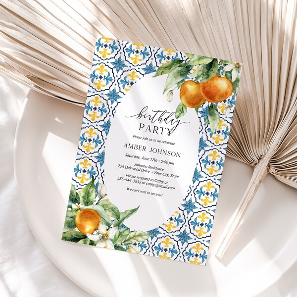 Citrus Birthday Party Invitation, Oranges Woman's Birthday Invite, Summer Fruit, Mediterranean Themed, DIY Editable Template 415