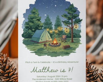 Abenteuer Camping Geburtstagseinladung, bearbeitbare Hinterhof Campout Vorlage, druckbare Zeltparty einladen für Kinder, Lagerfeuer-Thema