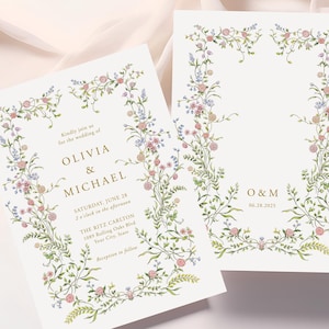 Rosa Wildblumen Hochzeitseinladung, Gartenhochzeit, druckbare Hochzeitseinladung, Blumenkranz, elegante Hochzeit, DIY bearbeitbare Vorlage 104