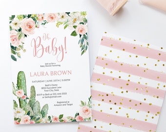 Oh Baby Shower Invitation, Editable Template, Pink Floral Baby Shower Invite, Cactus Couples Shower, Fiesta Girl Baby Invite, Corjl 364
