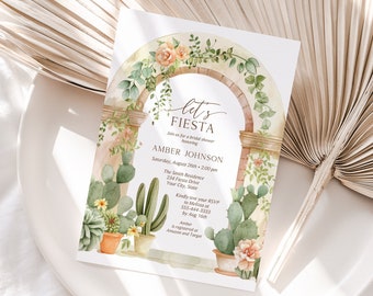 Let's Fiesta Bridal Shower Invitation, Mexican Themed Wedding Shower Invite, Cactus, Succulents, Arch, DIY Editable Template 446