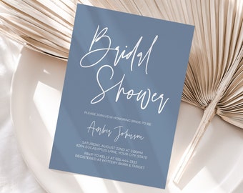 Dusty Blue Bridal Shower Invitation, Minimalist Bridal Shower, Modern Bridal Brunch Invite, Calligraphy, DIY Editable Template BP1