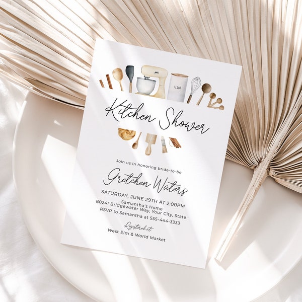 Kitchen Shower Invitation, Kitchen Tools Bridal Shower Invite, Pantry Pounding Invite, Muted Neutral Tones, DIY Corjl Template 312