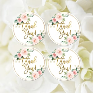 Pink Floral Thank You Favor Labels, Printable, Pink and Gold Favor Tags Blush Floral Baby Shower Favor Stickers Bridal Shower Decoration 364