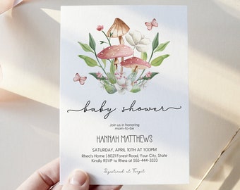 Pink Mushroom Baby Shower Invitation, Woodland Floral Couples Shower Invite, Forest Girl Baby Shower Invite, Editable Corjl Template 105