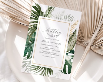 Birthday Party Invitation, Adult Birthday Invite, Teen Birthday Invite, Tropical Greenery, Monstera, Palm Leaves, DIY Editable Template 264