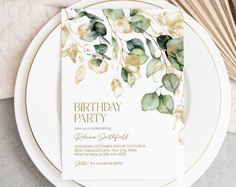 Green and Gold Eucalyptus Birthday Party Invitation, Boho Birthday Invite, Greenery, Leaves, Botanical, DIY Editable Template 365