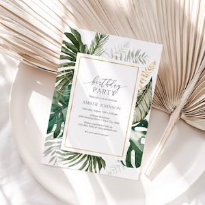 Birthday Party Invitation, Adult Birthday Invite, Teen Birthday Invite, Tropical Greenery, Monstera, Palm Leaves, DIY Editable Template 264