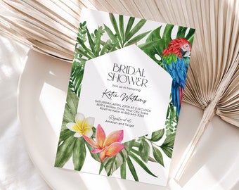 Tropical Bridal Shower Invitation, Tropical Floral Bridal Brunch Invite, Jungle Greenery Wedding Shower, Parrot, DIY Editable Template 423