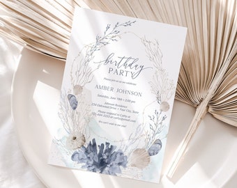 Coastal Birthday Party Invitation, Boho Beach Woman's Birthday Invitation, Blue and Tan Seashells, Coral, Shells, DIY Editable Template 205