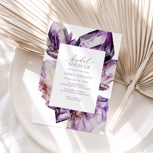Purple Crystal Bridal Shower Invitation, Watercolor Gemstone Shower Invite Template, Elegant Boho Printable for Bride 194
