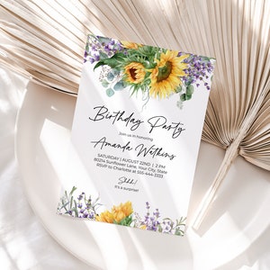 Sunflower Birthday Party Invitation, Rustic Boho Women's Birthday Invite, Summer Floral, Country Floral, Any Age, DIY Editable Template 148