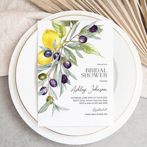 Olive and Lemon Bridal Shower Invitation, Mediterranean Bridal Brunch Invite, Greenery, Citrus, DIY Editable Template 150