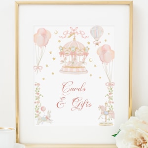 Placa de cartões e presentes de carrossel, download instantâneo, placa de mesa para presentes de conto de fadas, decoração de chá de bebê com cavalo de carrossel, decoração de festa de aniversário 147