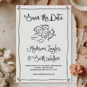 Cupid Wedding Save The Date Invitation Template, Whimsical Save The Date Card, Hand Drawn Wedding Invitation, Handwritten Quirky Invite 195