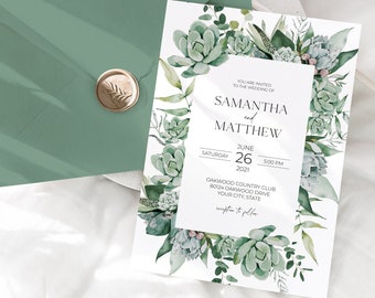 Succulent Wedding Invitation, Boho Chic Wedding Invite, Greenery, Botanical Invitation, DIY Editable Template 260