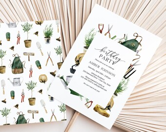 Garden Party Birthday Invitation, Garden Tools Birthday Party Invite, Spring Birthday, Summer, Gardening Themed, DIY Editable Template 380