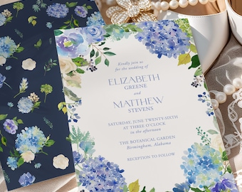 Blue Hydrangea Wedding Invitation, Watercolor Floral Template, Editable Garden Design, Printable Wedding Invite, Floral Invitation 366