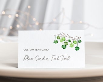 St Patricks Day Place Card, Hanging Shamrocks Food Tent, Name Card, Seating Card, Clover, Greenery, Branch, DIY Editable Template 326