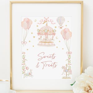Carousel Sweets and Treats Sign, Printable Dessert Table Sign, Circus Baby Shower Decor, Pink Carnival Party, Cotton Candy Theme 147