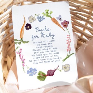 Bearbeitbare Bücher für Babykarte, Garten-Babyparty-Einlage druckbar, lokal gewachsenes Thema mit Aquarell-Gemüse und Blumen 222