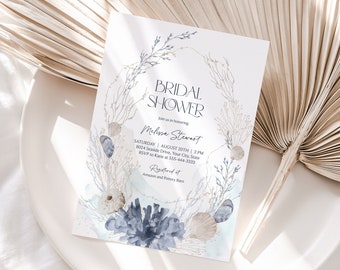 Ocean Bridal Shower Invitation, Beach Bridal Brunch Invite, Marine, Coral Invitation, Sea Shells, Blue and Tan, DIY Editable Template 205