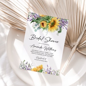 Sunflower Bridal Shower Invitation, Rustic Bridal Brunch Invite, Lavender, Country Shower, DIY Editable Template 148