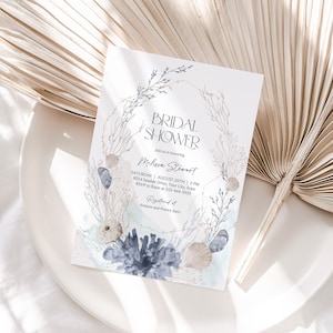 Ocean Bridal Shower Invitation, Beach Bridal Brunch Invite, Marine, Coral Invitation, Sea Shells, Blue and Tan, DIY Editable Template 205
