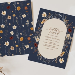 Autumn Wildflower Birthday Party Invitation, Meadow Floral Brunch Invitation, Fall Floral, Navy and Neutral Tones, DIY Editable Template 166