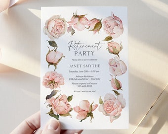 Pink Rose Retirement Party Invitation, Farewell Party Invitation, Send-Off Party Invite, Good-bye Gathering, DIY Editable Template 441