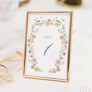 Lente bruiloft tafelnummers, cottage bloemen bruiloft receptie bewegwijzering, tuin bloemen bruiloft nummers, pastel, DIY bewerkbare sjabloon 171