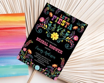 Let's Fiesta Bridal Shower Invitation, Mexican Floral Wedding Shower Invite, Colorful Flowers, Southwestern Theme, DIY Editable Template 353
