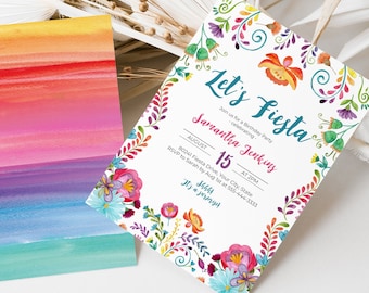 Mexican Floral Birthday Party Invitation, Let's Fiesta Invitation, Any Age, Adult, Teen Birthday, Colorful Flowers DIY Editable Template 353