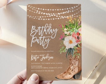 Invito per festa di compleanno con stivali da cowgirl, invito per compleanno western, invito per compleanno donna boho, cactus, fiore, modello modificabile fai da te 265