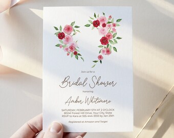 Valentine Bridal Shower Invitation, February Wedding Shower, Floral Heart Wreath, Bridal Brunch Invite, DIY Editable Template 327