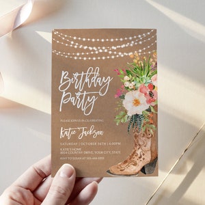 Cowgirl Boot Geburtstagsfeier Einladung, Western Geburtstag einladen, Boho Frau Geburtstag einladen, Kaktus, Blume, DIY bearbeitbare Vorlage 265