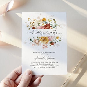 Cottage Floral Birthday Party Invitation, Spring Floral Women's Birthday Invite, Colorful, Boho, Wildflowers, DIY Editable Template 258