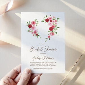 Valentine Bridal Shower Invitation, February Wedding Shower, Floral Heart Wreath, Bridal Brunch Invite, DIY Editable Template 327