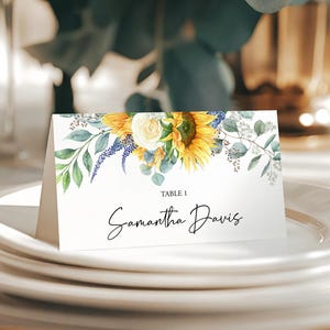Sonnenblume und weiße Rose Platzkarten Vorlage, Sommer Blumenhochzeit Namenskarten, Boho Country Floral Food Zelte, Buffet Karten, Lebensmittel Etikett 322