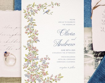 Chinoiserie Wedding Invitation, Vintage Floral Wedding Invite, Pink and Blue Flowers, Bird, Regency Era, Formal, DIY Editable Template 252